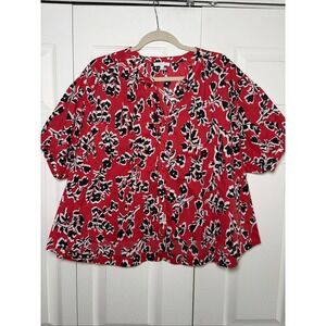 Calme Floral Button Front Blouse Womens Size M Red Black Short Sleeve Cotton Top